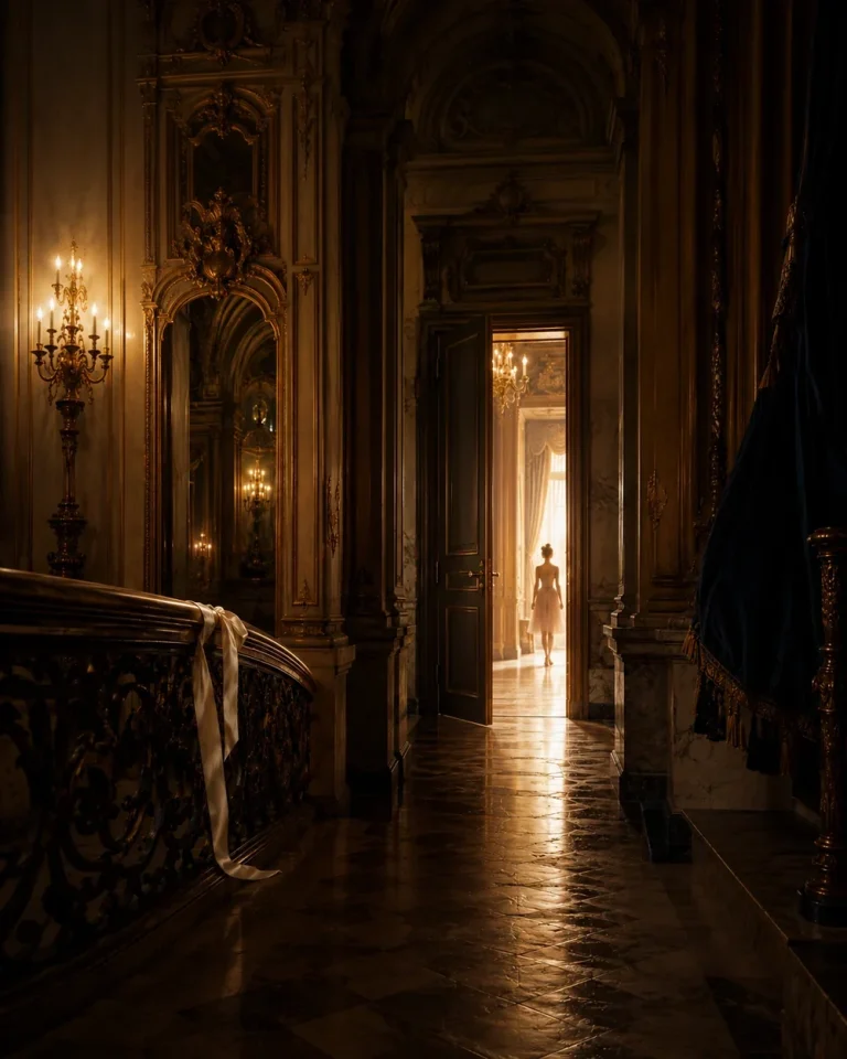 Seuils et secrets de Garnier – La Variation des Étoiles Porte entrouverte et silhouette lointaine dans un décor inspiré de l’Opéra Garnier : seuils et les secrets de La Variation des Étoiles