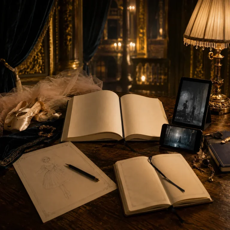Supports de lecture – La Variation des Étoiles Livre ouvert, carnet, fiche de suivi et support numérique dans une ambiance inspirée de Garnier, pour accompagner La Variation des Étoiles.