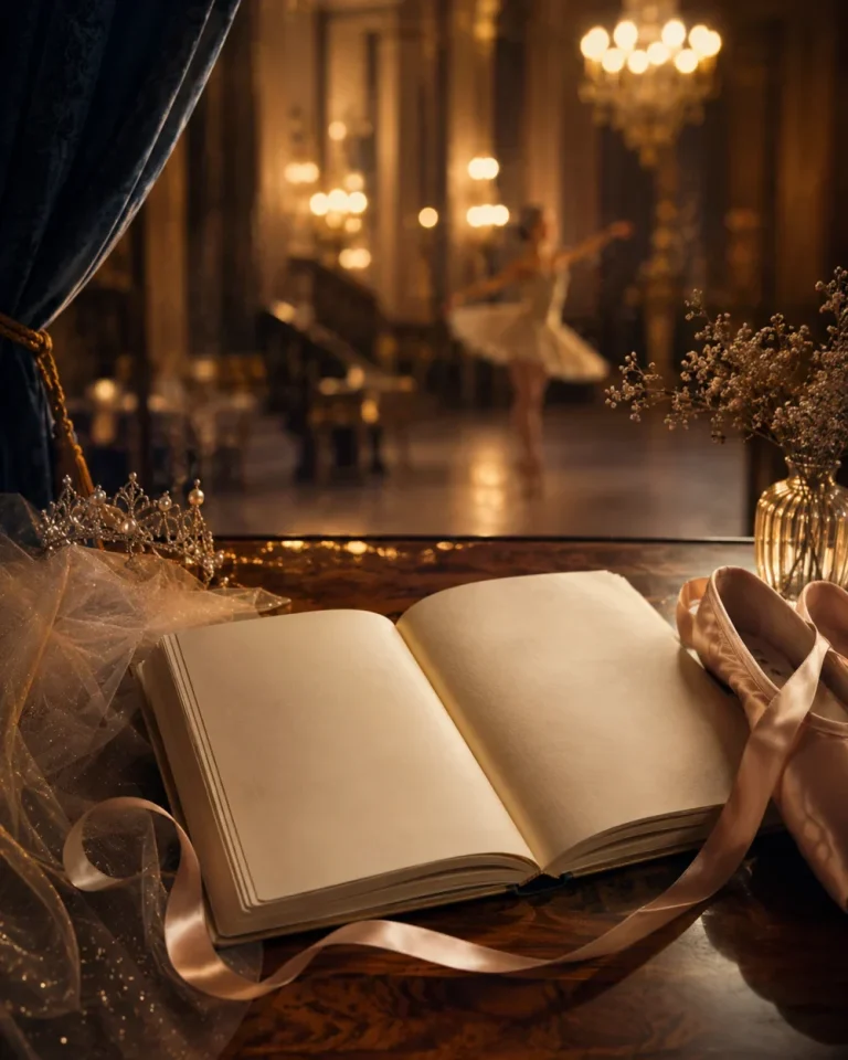 Danse, mystère et choix – La Variation des Étoiles Livre ouvert avec ruban et chaussons de danse devant une scène inspirée de l’Opéra Garnier, pour le livre-jeu La Variation des Étoiles.