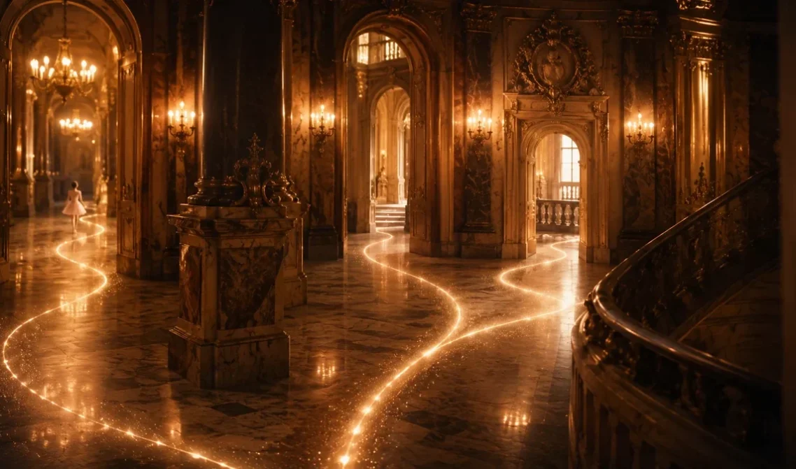 Choisir son chemin dans La Variation des Étoiles Chemins lumineux se séparant dans un décor inspiré de l’Opéra Garnier, pour illustrer les choix du livre-jeu La Variation des Étoiles.